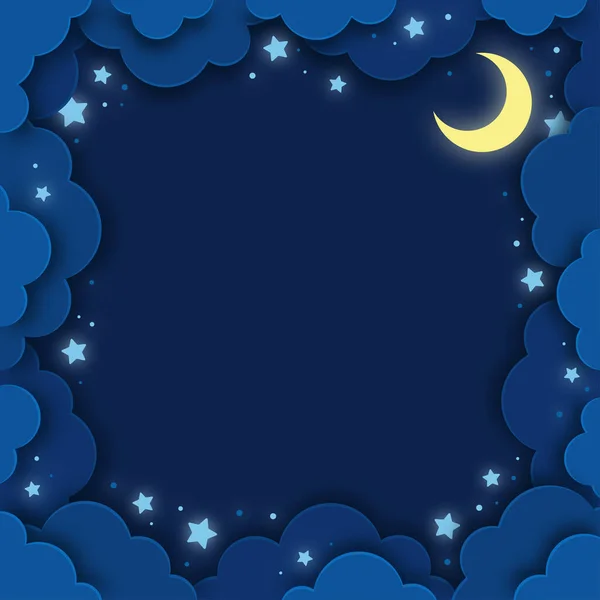 Night Sky Clouds Moon Stars Paper Cut Style Cute Square — Stock Vector