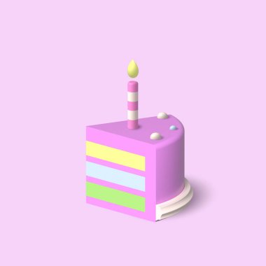 Pembe arka planda şirin bir pasta ve mum. Doğum günü ve kutlama konsepti. 3d illüstrasyon