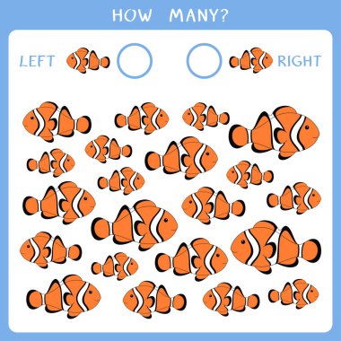 Simple educational game for kids. Count how many fishes goes to the left and to the right and write the result. Vector worksheet