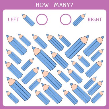 Çocuklar için basit bir eğitim oyunu. Kaç tane kalemin sağa sola baktığını say ve sonucu yaz. Vektör çalışma tablosu