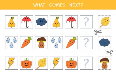 Çocuklar için basit bir mantık oyunu. Satırdaki bir sonraki nesneyi bul. Kes ve yapıştır. Vektör çalışma tablosu