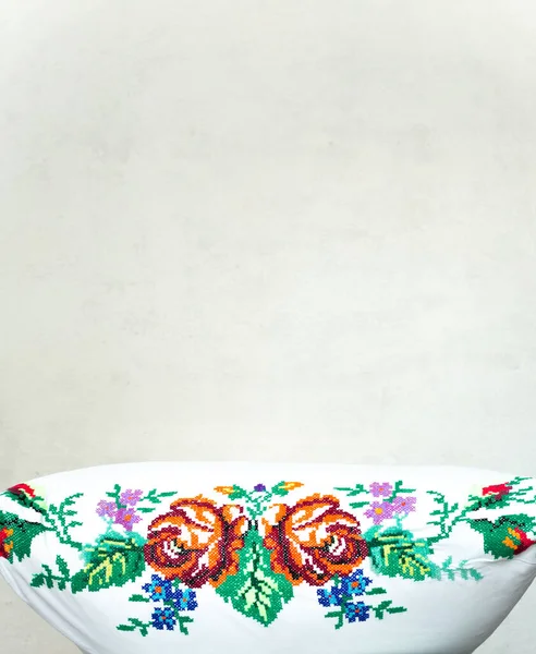 Flowers Embroidered Threads White Pillow Ukrainian National Style — 스톡 사진