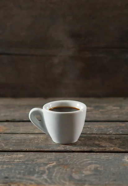 Hot Black Coffee Espresso White Ceramic Cup Wooden Texture Background — Photo