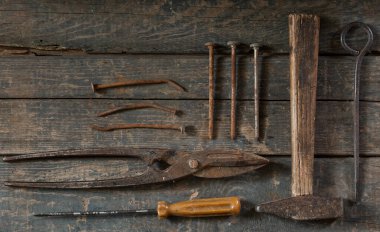 Vintage tool set: hammer, garden shears, screwdriver, twist, nails
