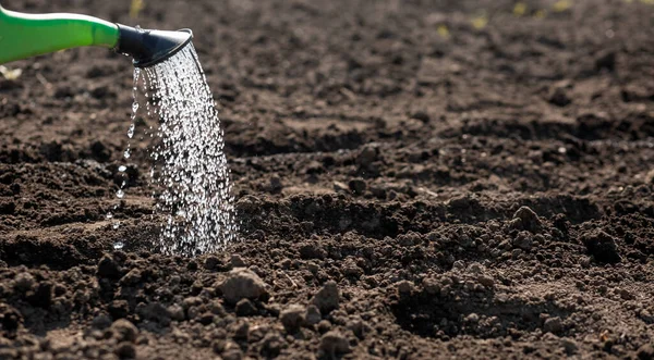 一个农村的工作狂用洒水机的水浇灌地面 — 图库照片