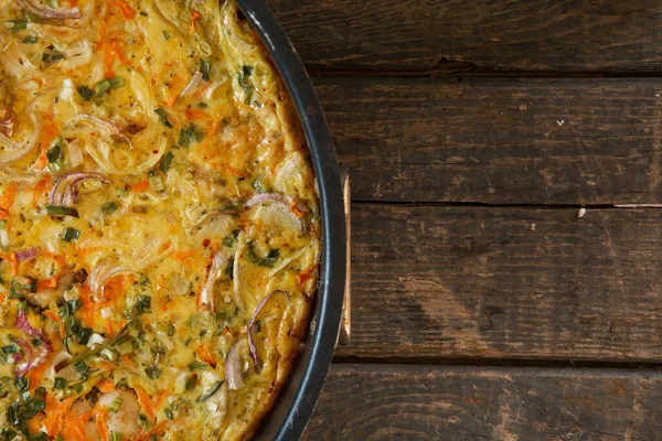 Pie Made Fish Eggs Onions Carrots Wooden Boards View — Foto Stock