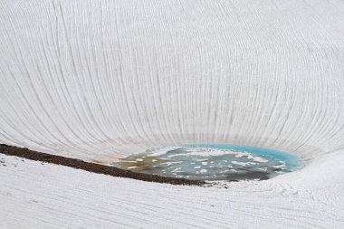 Kar ve buzun içindeki küçük göl, İsviçre Alplerinde eriyen kar sırasında