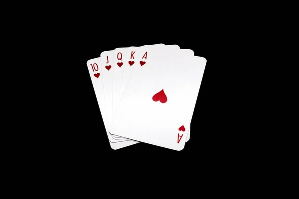 Royal Flush Withe Hearts Poker Hand Isolated Black Background — 图库照片