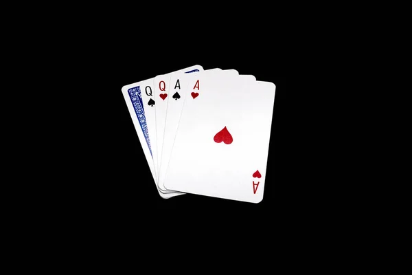 Two Pair Queens Aces One Overturned Card Poker Hand Isolated — Φωτογραφία Αρχείου