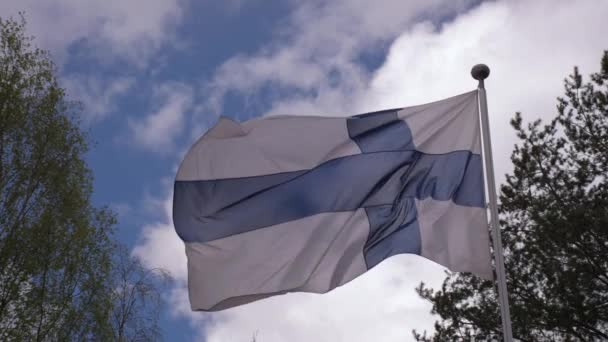 Bandeira Finlandesa Acenando Vento Câmera Lenta Fechar Vídeo Com Céu — Vídeo de Stock