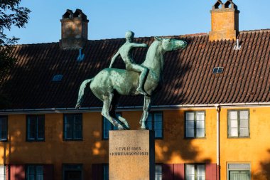 Copenhagen, Denmark. August 13, 2022. Carl Nielsen Monument in front of historic barracks of Nyboder, Copenhagen, Denmark.
