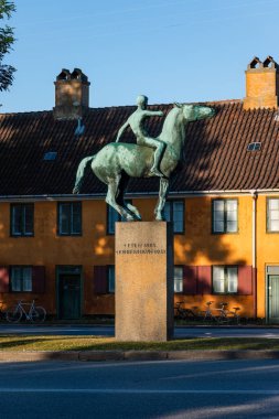 Copenhagen, Denmark. August 13, 2022. Carl Nielsen Monument in front of historic barracks of Nyboder, Copenhagen, Denmark.