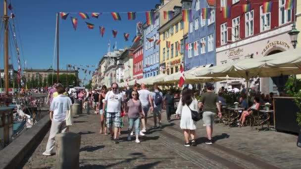 Copenhagen Denmark August 2022 Tourists Walking Street Colorful Buildings Restaurants — Vídeo de stock
