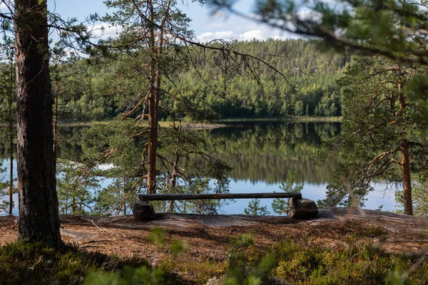Träplanka Placerad Klipporna Som Provisorisk Bänk Bredvid Sjö Repovesi Nationalpark — Stockfoto