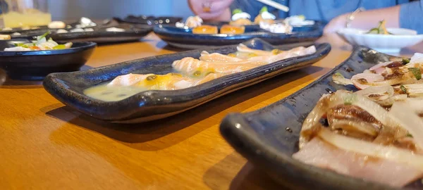 Japanese Food Dish Oriental Restaurant Wooden Table Light Background — Fotografie, imagine de stoc