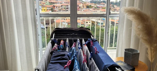 Washed Clothes Hanging Clothesline Apartment Brazil — Stockfoto