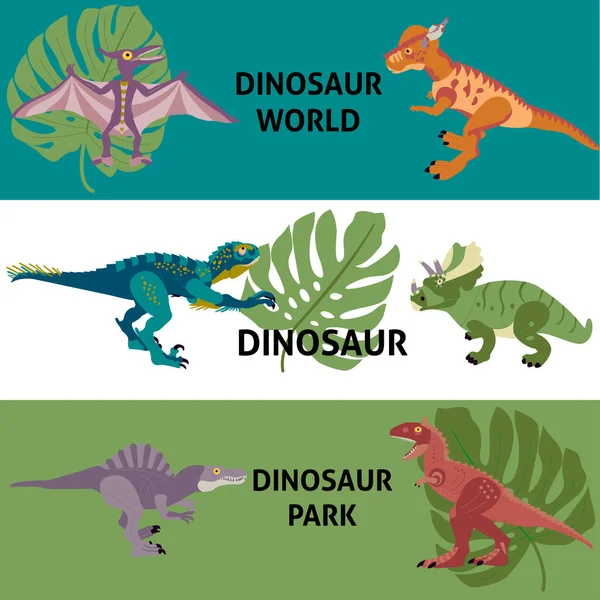 Dinosaurs Web Banners Set Vector Illustration Nature Animal — Stock Vector
