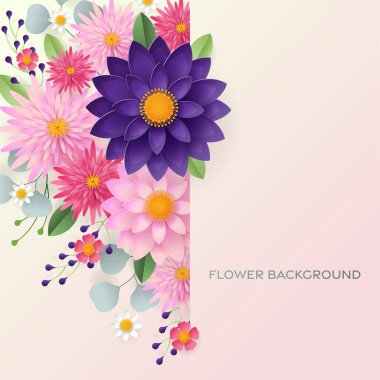 Düğün davetiyesi çiçek kartı. Dekor için kağıt kesilmiş çiçekler, gerçekçi etki. Parlak tatil tasarımı. Çiçekli kağıt kesimiyle