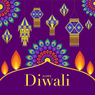 Mutlu Diwali, Deepavali ya da Hint festivali Düz Tasarım Kutlaması.