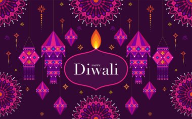 Mutlu Diwali, Deepavali ya da Hint festivali Düz Tasarım Kutlaması.