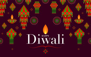 Mutlu Diwali, Deepavali ya da Hint festivali Düz Tasarım Kutlaması.