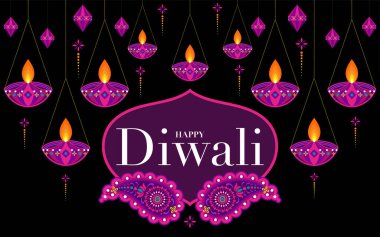 Mutlu Diwali, Deepavali ya da Hint festivali Düz Tasarım Kutlaması.