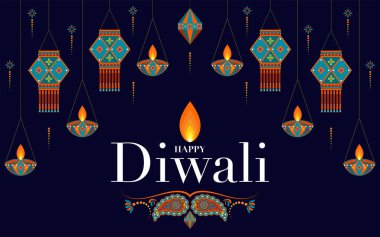 Mutlu Diwali, Deepavali ya da Hint festivali Düz Tasarım Kutlaması.