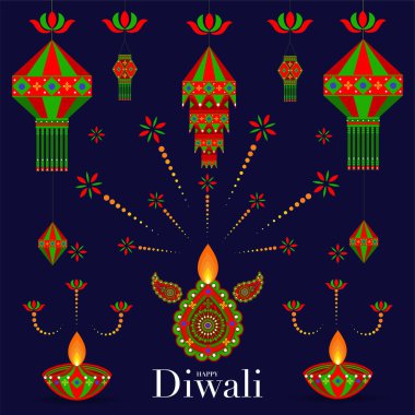 Mutlu Diwali, Deepavali ya da Hint festivali Düz Tasarım Kutlaması.