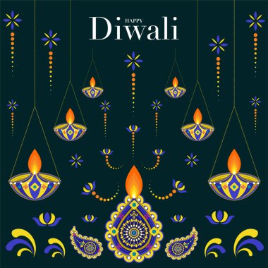 Mutlu Diwali, Deepavali ya da Hint festivali Düz Tasarım Kutlaması.