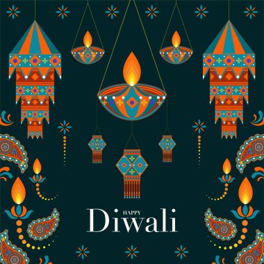 Mutlu Diwali, Deepavali ya da Hint festivali Düz Tasarım Kutlaması.