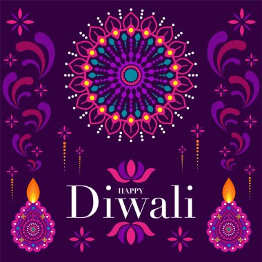 Mutlu Diwali, Deepavali ya da Hint festivali Düz Tasarım Kutlaması.