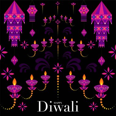 Mutlu Diwali, Deepavali ya da Hint festivali Düz Tasarım Kutlaması.