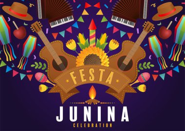 Festa Junina Poster Haziran Festivali. Folklore Tatil Gitarı Akordiyon Kaktüsü Yaz Ayçiçeği Kamp Ateşi.