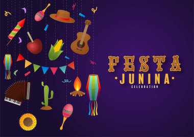 Festa Junina Poster Haziran Festivali. Folklore Tatil Gitarı Akordiyon Kaktüsü Yaz Ayçiçeği Kamp Ateşi.