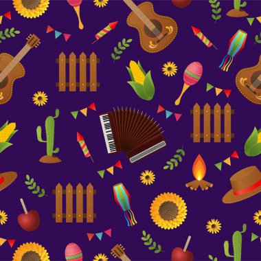 Festa Junina Poster Haziran Festivali. Folklore Tatil Gitarı Akordiyon Kaktüsü Yaz Ayçiçeği Kamp Ateşi.