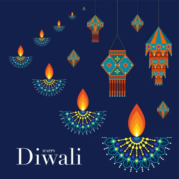 Happy Diwali Deepavali Dipavali Festival Indiano Celebrazione Design Piatto — Vettoriale Stock