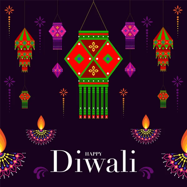 Happy Diwali Deepavali Dipavali Festival Indiano Celebrazione Design Piatto — Vettoriale Stock