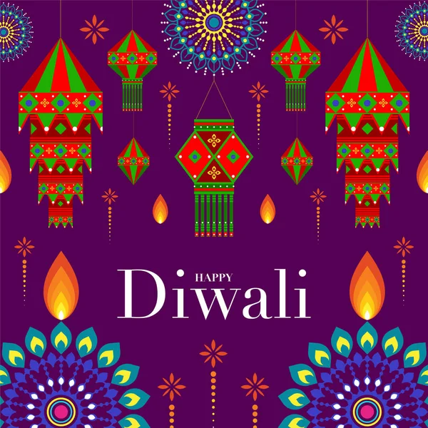 Mutlu Diwali, Deepavali ya da Hint festivali Düz Tasarım Kutlaması.