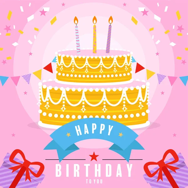 Happy Birthday Greetings Cake Flowers — Stock Vector