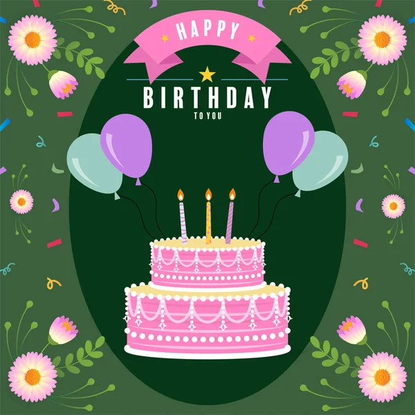 Glückwünsche Zum Geburtstag Mit Kuchen Und Blumen — Stockvektor