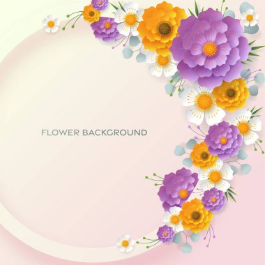 Düğün davetiyesi çiçek kartı. Dekor için kağıt kesilmiş çiçekler, gerçekçi etki. Parlak tatil tasarımı. Çiçekli kağıt kesimiyle.