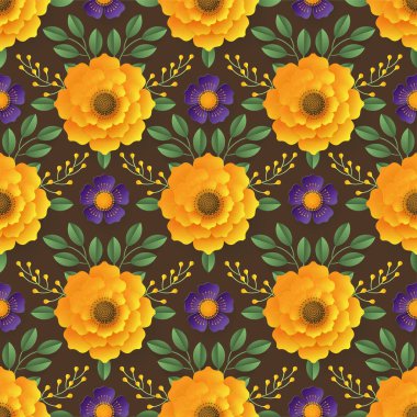 Renkli çiçekleri ve yaprakları olan kusursuz çiçek deseni..