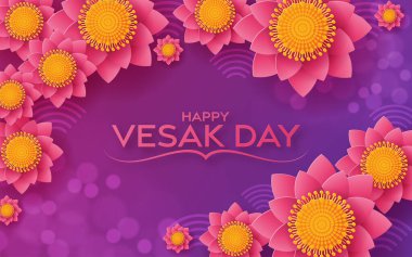 Lotus Çiçekleri Düz Tasarımlı Mutlu Vesak Günü Dilekleri Kartları.