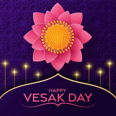 Lotus Çiçekleri Düz Tasarımlı Mutlu Vesak Günü Dilekleri Kartları.