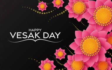 Lotus Çiçekleri Düz Tasarımlı Mutlu Vesak Günü Dilekleri Kartları.
