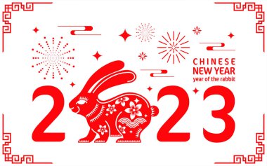 Mutlu Çin Yeni Yılı 2023 tavşan burcunun renkli arka planı. Tercümesi: mutlu yıllar.)