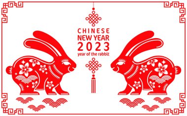 Mutlu Çin Yeni Yılı 2023 tavşan burcunun renkli arka planı. Tercümesi: mutlu yıllar.)