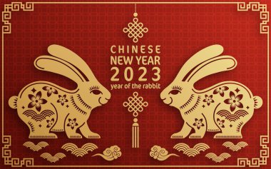 Mutlu Çin Yeni Yılı 2023 tavşan burcunun renkli arka planı. Tercümesi: mutlu yıllar.)