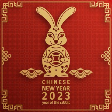 Mutlu Çin Yeni Yılı 2023 tavşan burcunun renkli arka planı. Tercümesi: mutlu yıllar.)