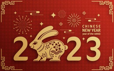 Mutlu Çin Yeni Yılı 2023 tavşan burcunun renkli arka planı. Tercümesi: mutlu yıllar.)